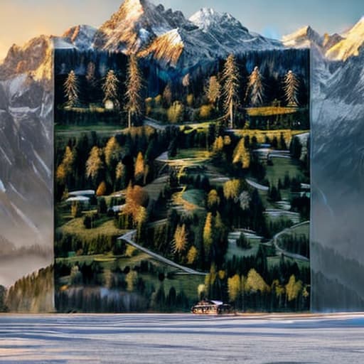  A breathtaking landscape of the Swiss Alps, captured in a highly detailed photograph, showcasing the majestic snow capped mountains, lush green valleys, and crystal clear lakes. The image is bathed in warm golden sunlight, creating a serene and peaceful atmosphere.
