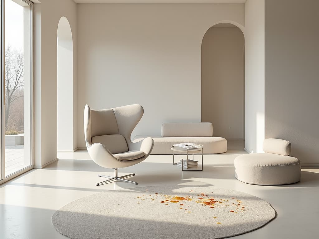  this editorial photography showcases a living room designed as a gathering space for relaxation and entertainment, captured through an extreme wide shot using an ultra wide angle 14mm f/2.8 lens. the room highlights sleek minimalism, featuring a modern chair with a minimalist design, smooth curved edges, and a continuous form. the chair's white seat and backrest, adorned with colorful speckles or paint splatters (rgb values needed), offer a playful touch, while its chrome frame enhances the contemporary vibe. the space also incorporates architectural and furniture elements with intricate fractal patterns, emphasizing modern, minimalist aesthetics. hyperrealistic, full body, detailed clothing, highly detailed, cinematic lighting, stunningly beautiful, intricate, sharp focus, f/1. 8, 85mm, (centered image composition), (professionally color graded), ((bright soft diffused light)), volumetric fog, trending on instagram, trending on tumblr, HDR 4K, 8K