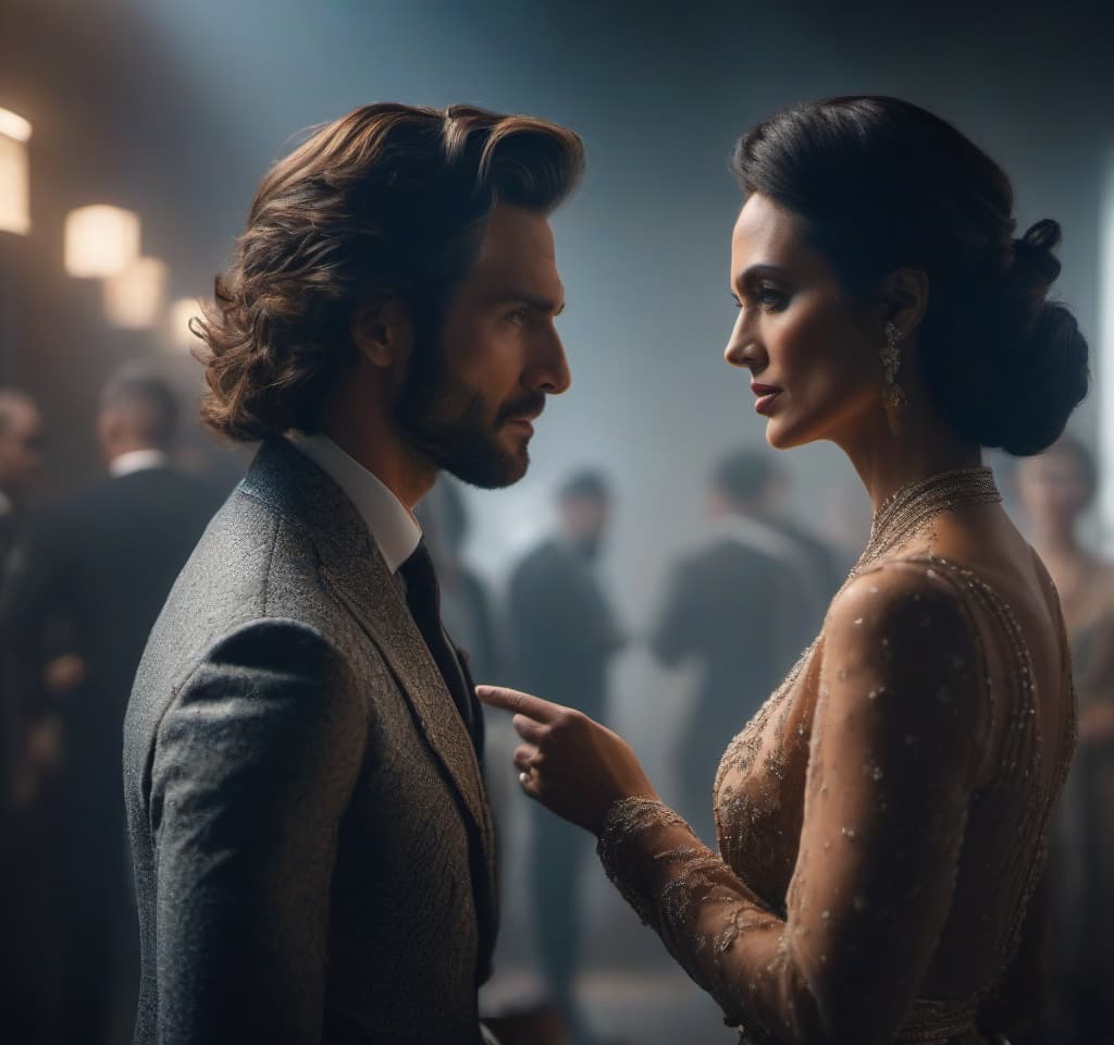  A man and a woman are looking at each other in a room. hyperrealistic, full body, detailed clothing, highly detailed, cinematic lighting, stunningly beautiful, intricate, sharp focus, f/1. 8, 85mm, (centered image composition), (professionally color graded), ((bright soft diffused light)), volumetric fog, trending on instagram, trending on tumblr, HDR 4K, 8K