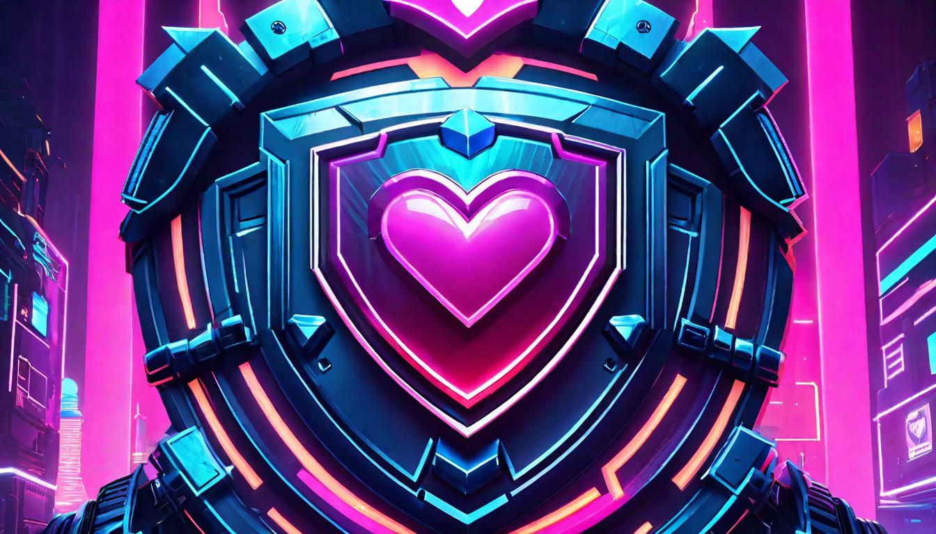  vaporwave,cyberpunk game style A shield emblazoned with a heart emblem, held aloft in a protective stance, signifies the defense and honor of one's personal values and self worth. Shield, heart emblem, protective stance, defending personal values.eon, dystopian, futuristic, digital, vibrant, detailed, high contrast, reminiscent of cyberpunk genre video games,retro aesthetic, cyberpunk, vibrant, neon colors, vintage 80s and 90s style, highly detailed