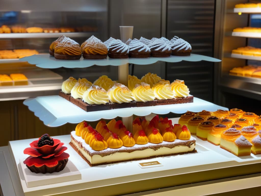  A minimalist, highresolution image of a dessert display in a trendy bakery, showcasing an array of beautifully arranged pastries and cakes with vibrant colors and intricate decorations. The display is strategically designed to attract customers' attention and highlight the effectiveness of merchandising in driving sales. The background is blurred to emphasize the delicious desserts, and soft natural lighting enhances the overall aesthetic appeal of the image. hyperrealistic, full body, detailed clothing, highly detailed, cinematic lighting, stunningly beautiful, intricate, sharp focus, f/1. 8, 85mm, (centered image composition), (professionally color graded), ((bright soft diffused light)), volumetric fog, trending on instagram, trending on tumblr, HDR 4K, 8K