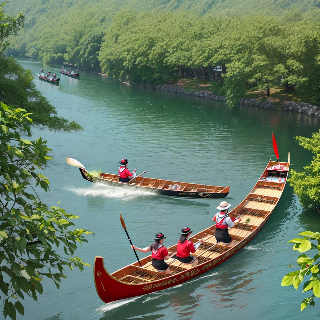  Masterpiece, best quality, A lively illustration showing the lively atmosphere of Dragon Boat Festival. The picture features a lively dragon boat race with teams of paddlers paddling hard on the river. The setting is located on a picturesque riverbank surrounded by trees and traditional buildings. The atmosphere is full of anticipation and excitement, capturing the festive atmosphere. Styled as a blend of Chinese ink and watercolor, the work includes a high-resolution digital painting using software such as tablet and Adobe Photoshop, emphasizing the dynamic movements of rowers and complex dragon boat designs.