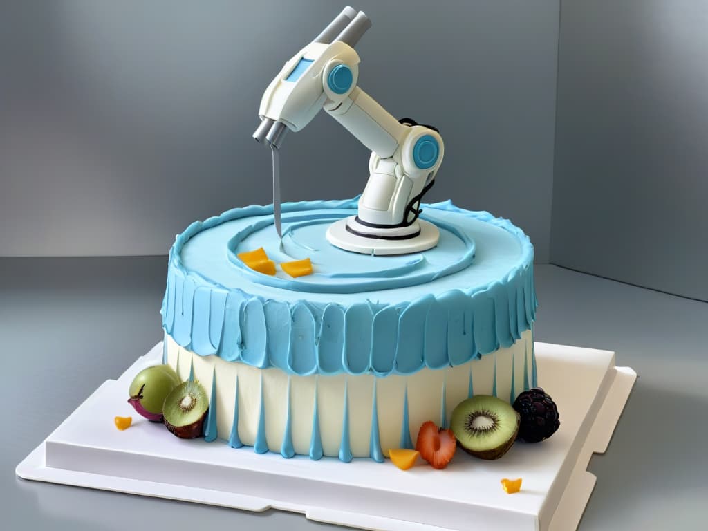  An ultradetailed image depicting a sleek, futuristic robotic arm delicately piping intricate designs onto a perfectly frosted cake. The robotic arm is surrounded by a variety of hightech baking tools and ingredients, showcasing a harmonious blend of artificial intelligence and traditional pastry techniques. The scene exudes a sense of precision, innovation, and sophistication, embodying the seamless integration of technology in the art of pastry making. hyperrealistic, full body, detailed clothing, highly detailed, cinematic lighting, stunningly beautiful, intricate, sharp focus, f/1. 8, 85mm, (centered image composition), (professionally color graded), ((bright soft diffused light)), volumetric fog, trending on instagram, trending on tumblr, HDR 4K, 8K