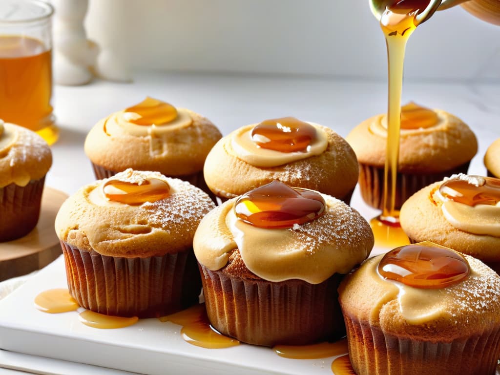  A closeup, ultradetailed image of a golden honey dipper drizzling honey onto a stack of freshly baked homemade honey muffins. The honey glistens under the soft natural light, showcasing its rich amber color and thick consistency. Each crumb of the muffins is visible, with a hint of steam rising from their warm centers. The background is a simple, elegant white marble countertop, emphasizing the beauty and simplicity of using honey in homemade baking. hyperrealistic, full body, detailed clothing, highly detailed, cinematic lighting, stunningly beautiful, intricate, sharp focus, f/1. 8, 85mm, (centered image composition), (professionally color graded), ((bright soft diffused light)), volumetric fog, trending on instagram, trending on tumblr, HDR 4K, 8K