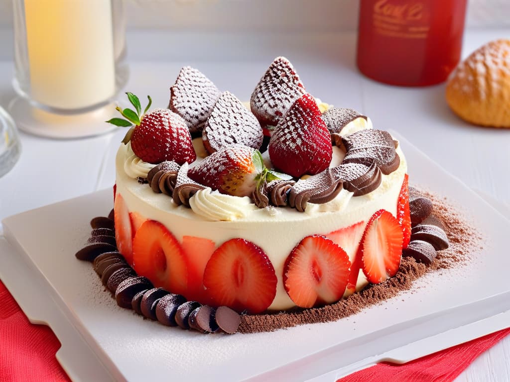  A closeup, ultradetailed image of a decadent slice of strawberry tiramisu, showcasing layers of fluffy mascarpone cream, delicate ladyfinger biscuits soaked in fresh strawberry syrup, and topped with vibrant red strawberries and a dusting of cocoa powder. The texture of the creamy filling is so rich that it seems almost tangible, and the glossy strawberries glisten invitingly under a soft, diffused light, making the dessert appear both luxurious and irresistibly delicious. hyperrealistic, full body, detailed clothing, highly detailed, cinematic lighting, stunningly beautiful, intricate, sharp focus, f/1. 8, 85mm, (centered image composition), (professionally color graded), ((bright soft diffused light)), volumetric fog, trending on instagram, trending on tumblr, HDR 4K, 8K