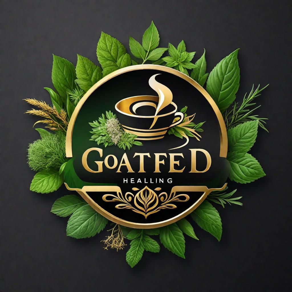  Create an image for a logo of a business called GOATIFED HEALING. The logo should feature a cup filled with natural herbs and steam rising from the top, incorporating colors black, gold, green, and white. The business is a seller of natural herbs, planning to launch in 4 months and promote on social media platforms. hyperrealistic, full body, detailed clothing, highly detailed, cinematic lighting, stunningly beautiful, intricate, sharp focus, f/1. 8, 85mm, (centered image composition), (professionally color graded), ((bright soft diffused light)), volumetric fog, trending on instagram, trending on tumblr, HDR 4K, 8K