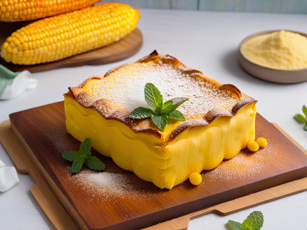  A highresolution, minimalist image of a freshly baked Pastel de Choclo Dulce Chileno, showcasing a golden crust made of sweet corn, sprinkled with a touch of powdered sugar, and adorned with a single mint leaf on top. The pastel sits on a rustic wooden plate, set against a simple, neutral background to emphasize its traditional and mouthwatering appeal. hyperrealistic, full body, detailed clothing, highly detailed, cinematic lighting, stunningly beautiful, intricate, sharp focus, f/1. 8, 85mm, (centered image composition), (professionally color graded), ((bright soft diffused light)), volumetric fog, trending on instagram, trending on tumblr, HDR 4K, 8K