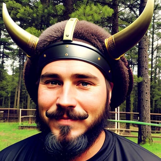  alvin the older-young poor-but-honest-farmer a older-young good looking viking with A bald head a carly black mustache a pontie black chin beard with A viking helmet with horns on it