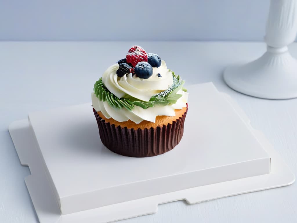  A closeup, ultradetailed image of a beautifully decorated, gourmet healthy cupcake on a sleek, modern white plate. The cupcake features intricate piping work with vibrant, fresh berries delicately placed on top, showcasing the artistry and elegance of upscale healthy baking. hyperrealistic, full body, detailed clothing, highly detailed, cinematic lighting, stunningly beautiful, intricate, sharp focus, f/1. 8, 85mm, (centered image composition), (professionally color graded), ((bright soft diffused light)), volumetric fog, trending on instagram, trending on tumblr, HDR 4K, 8K