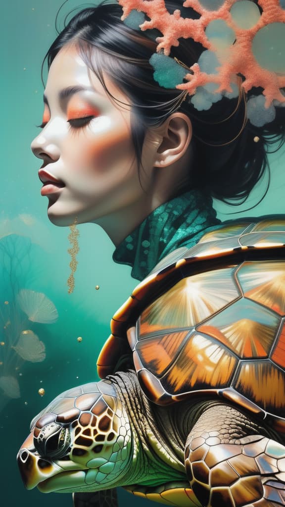  photo RAW, (Black, petrol and green:  2 ghostly turtles, (brown woman:1.5), shiny aura, highly detailed, gold and coral filigree, intricate motifs, organic tracery, Januz Miralles, Hikari Shimoda, glowing stardust by W. Zelmer, perfect composition, smooth, sharp focus, sparkling particles, lively coral reef background Realistic, realism, hd, 35mm photograph, 8k), masterpiece, award winning photography, natural light, perfect composition, high detail, hyper realistic, hyper detailed background