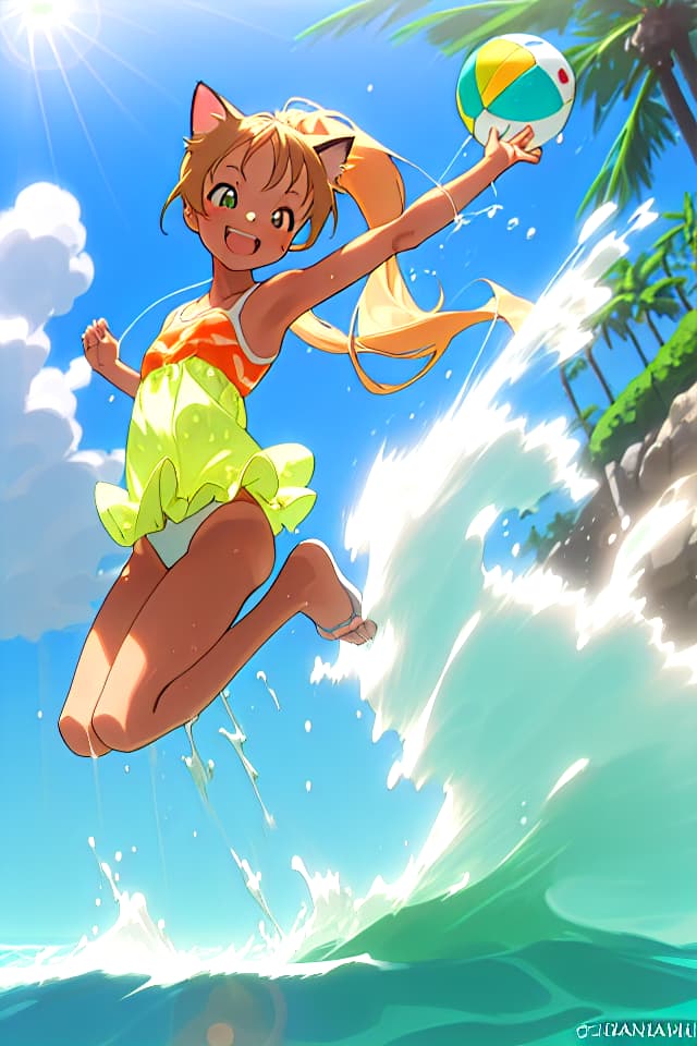  A masterpiece! One girl,cat ears,cute,ponytail,delicate face,swinging hair,natural light,sunlight,happy smile,tanned skin,jumping! Banzai! ocean,water play,beach ball,effect line,sunahama,big splash,high quality,8