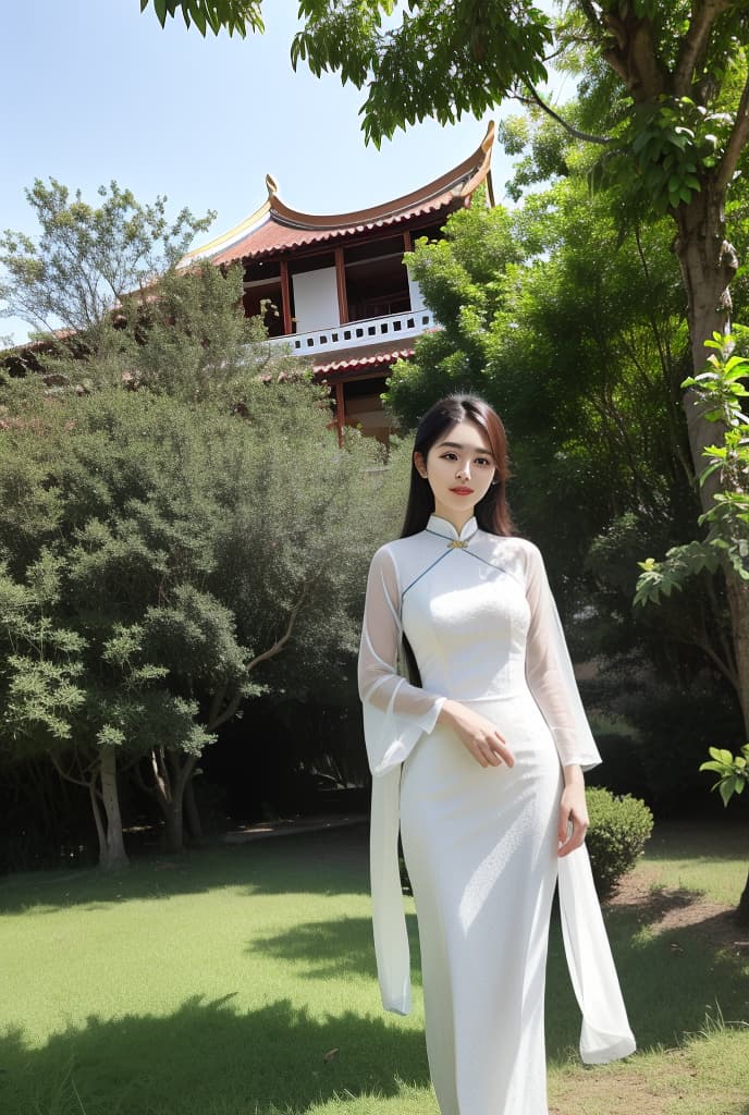  1 with a pretty face, tall figure, Ao Dai of Viet Nam, big s, ADVERTISING PHOTO,high quality, good proportion, masterpiece , The image is captured with an 8k camera and edited using the latest digital tools to produce a flawless final result.