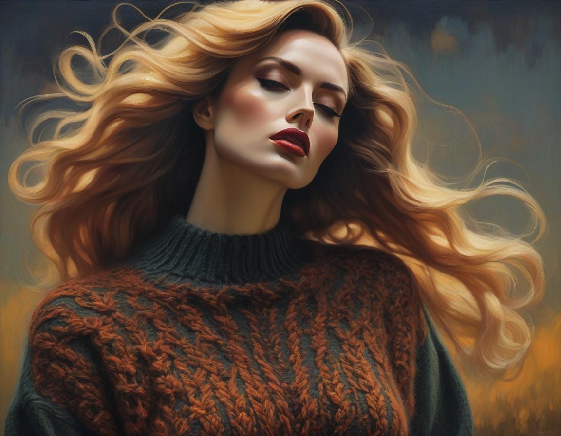  surrealist art Sweater . Oil painting by Malcolm Liepke. autumn colors, cozy oversized sweater, flowing hair, intricate details, rich textures, masterful use of light and shadow, contemporary art . dreamlike, mysterious, , symbolic, intricate, detailed hyperrealistic, full body, detailed clothing, highly detailed, cinematic lighting, stunningly beautiful, intricate, sharp focus, f/1. 8, 85mm, (centered image composition), (professionally color graded), ((bright soft diffused light)), volumetric fog, trending on instagram, trending on tumblr, HDR 4K, 8K