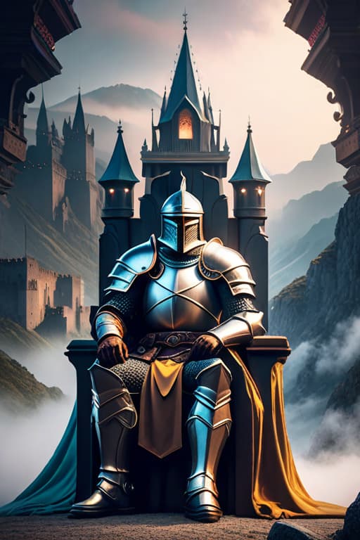  1970s dark fantasy book cover paper art dungeons and dragons style drawing of an armored knight sitting in a throne with castle on a mountain far away with minimalist far perspective —ar 9:16 hyperrealistic, full body, detailed clothing, highly detailed, cinematic lighting, stunningly beautiful, intricate, sharp focus, f/1. 8, 85mm, (centered image composition), (professionally color graded), ((bright soft diffused light)), volumetric fog, trending on instagram, trending on tumblr, HDR 4K, 8K