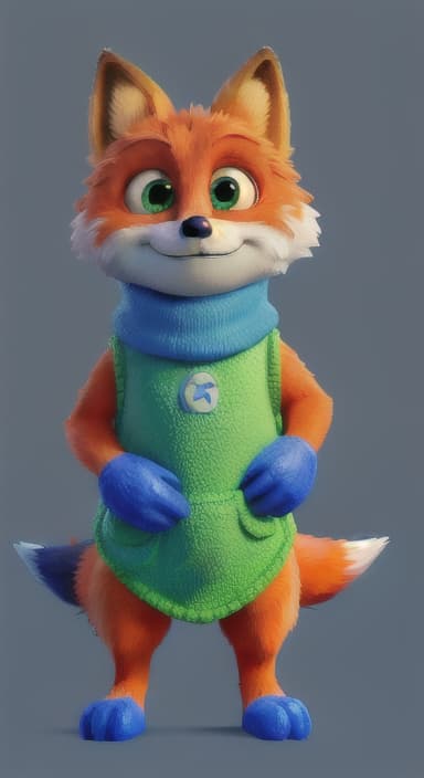  {Error the fox pressing the blue button with his paw, looking puzzled as nothing occurs., Error is a small, bright orange fox with a fluffy tail and big, inquisitive eyes. He has a mischievous yet kind expression and wears a tiny green scarf.