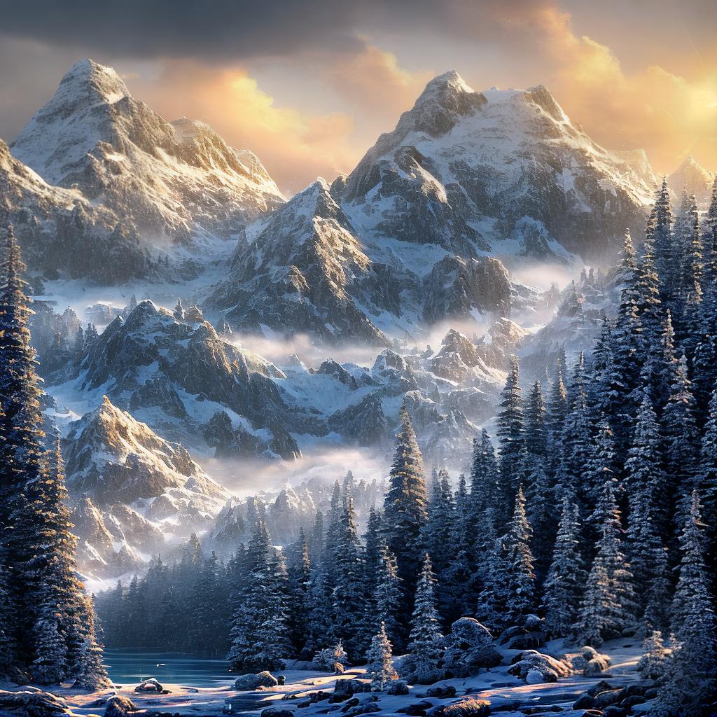  A captivating ((8k)) oil painting ((masterpiece)) with (((high detailed))) precision, depicting a majestic snowy mountain peak. The (((best quality))) of this artwork showcases every crevice and texture of the mountain, surrounded by a dense forest of tall evergreen trees. A crystal-clear alpine lake reflects the snow-capped summit, while a flock of birds soars gracefully in the sky, and a beam of golden sunlight breaks through the clouds. hyperrealistic, full body, detailed clothing, highly detailed, cinematic lighting, stunningly beautiful, intricate, sharp focus, f/1. 8, 85mm, (centered image composition), (professionally color graded), ((bright soft diffused light)), volumetric fog, trending on instagram, trending on tumblr, HDR 4K, 8K