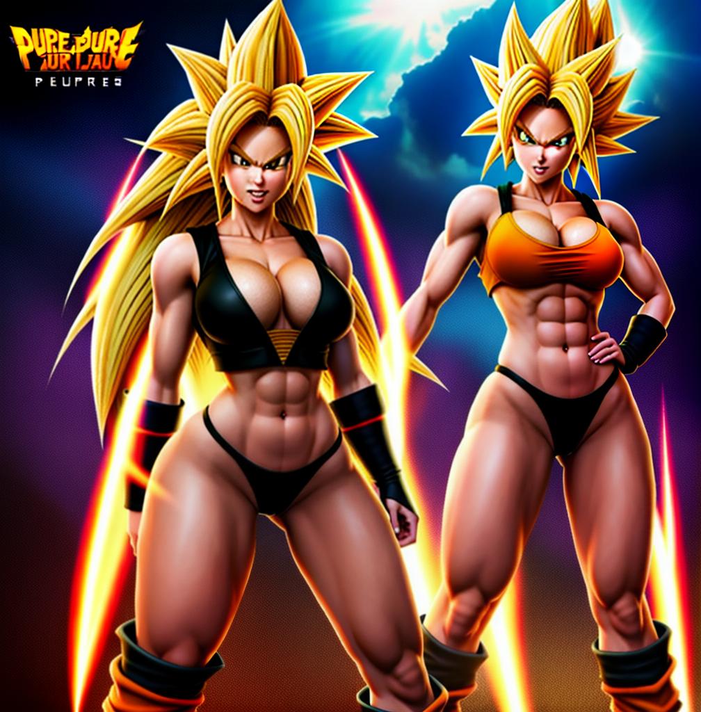  ((foto de cuerpo completo, pie plano, cuerpo recto)), ((laura {Super Super Saiyan mujer con grandes pechos})), ((lleva puesto son goku+Los disfraces de ella son extremadamente ajustados a su cuerpo.))