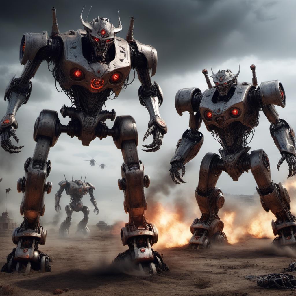  hyperrealistic art Two evil frightening battle robots demon + opposition. . extremely high-resolution details, photographic, realism pushed to extreme, fine texture, incredibly lifelike
