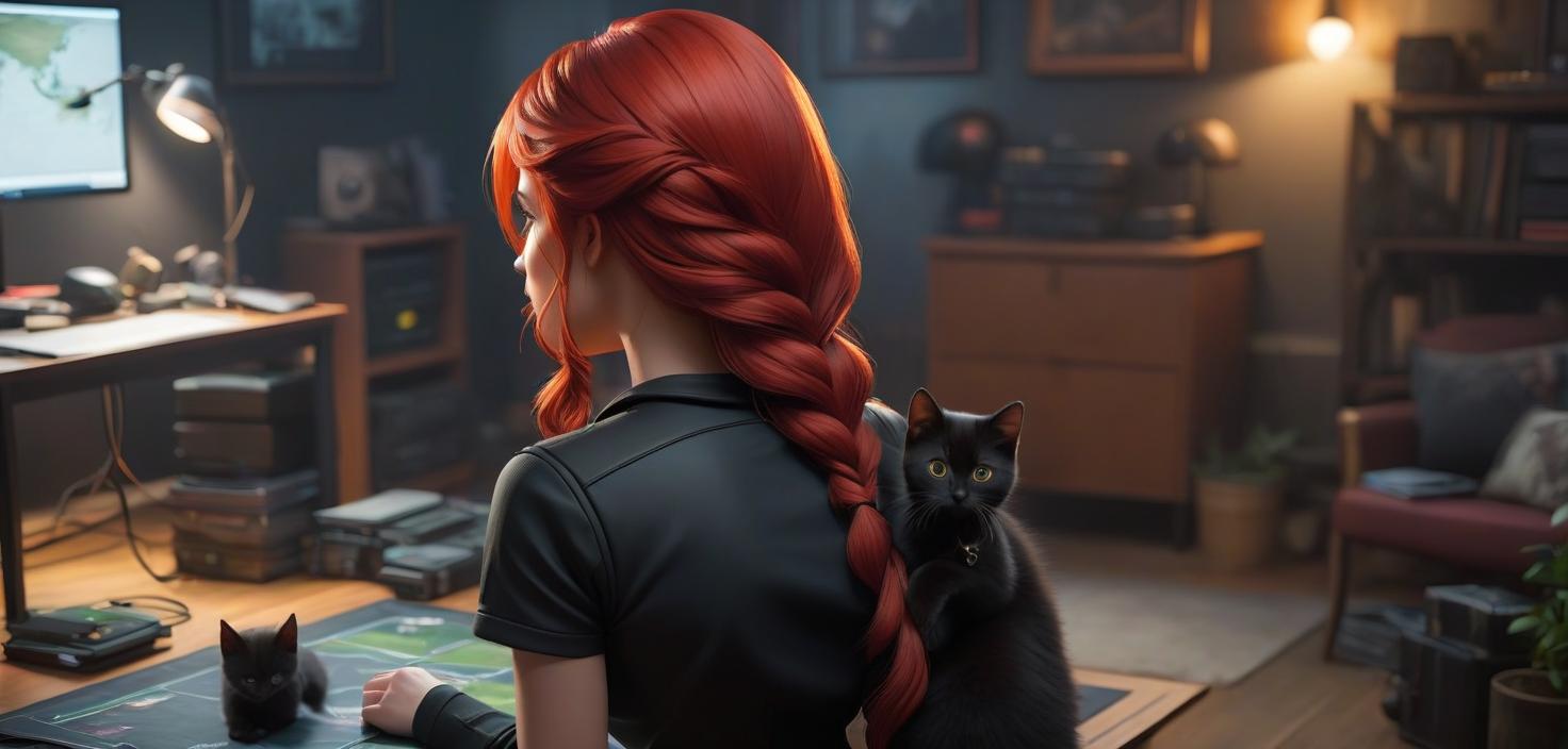  strategy game style The gamer's room, a red haired girl with a black kitten. View of the girl from behind. . overhead view, detailed map, units, reminiscent of real time strategy video games hyperrealistic, full body, detailed clothing, highly detailed, cinematic lighting, stunningly beautiful, intricate, sharp focus, f/1. 8, 85mm, (centered image composition), (professionally color graded), ((bright soft diffused light)), volumetric fog, trending on instagram, trending on tumblr, HDR 4K, 8K