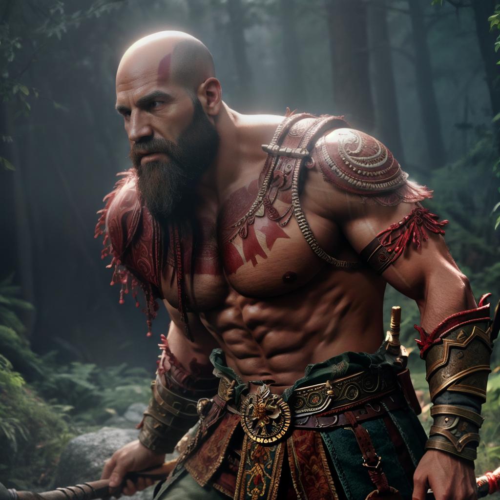  God of war hyperrealistic, full body, detailed clothing, highly detailed, cinematic lighting, stunningly beautiful, intricate, sharp focus, f/1. 8, 85mm, (centered image composition), (professionally color graded), ((bright soft diffused light)), volumetric fog, trending on instagram, trending on tumblr, HDR 4K, 8K