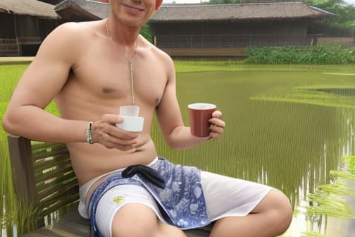  masterpiece, best quality, A man, in his 40s, 168cm tall, wearing a sarong, wearing a cap, sitting in a rice field, drinking coffee, holding a cigarette