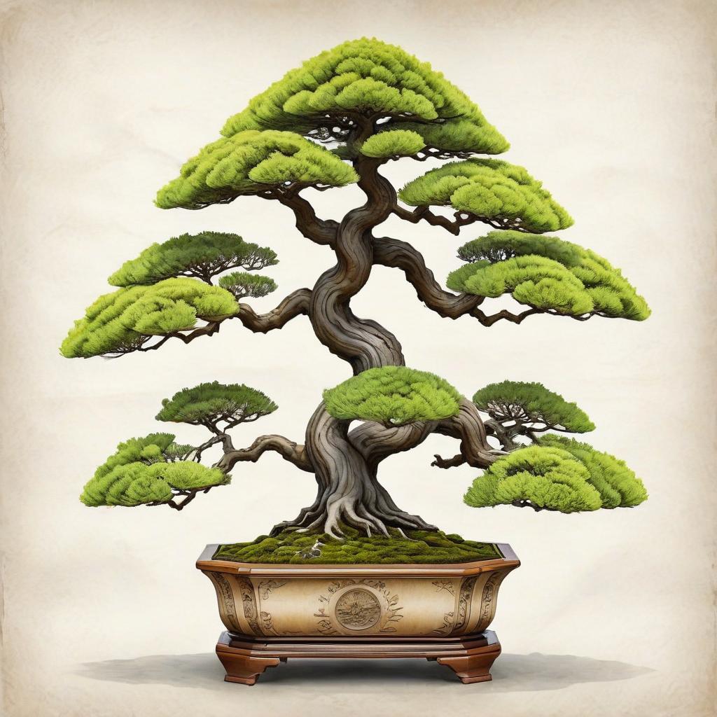  Art Deco style a bonsai painted in watercolor on a white background . geometric shapes, bold colors, luxurious, elegant, decorative, symmetrical, ornate, detailed, on parchment hyperrealistic, full body, detailed clothing, highly detailed, cinematic lighting, stunningly beautiful, intricate, sharp focus, f/1. 8, 85mm, (centered image composition), (professionally color graded), ((bright soft diffused light)), volumetric fog, trending on instagram, trending on tumblr, HDR 4K, 8K