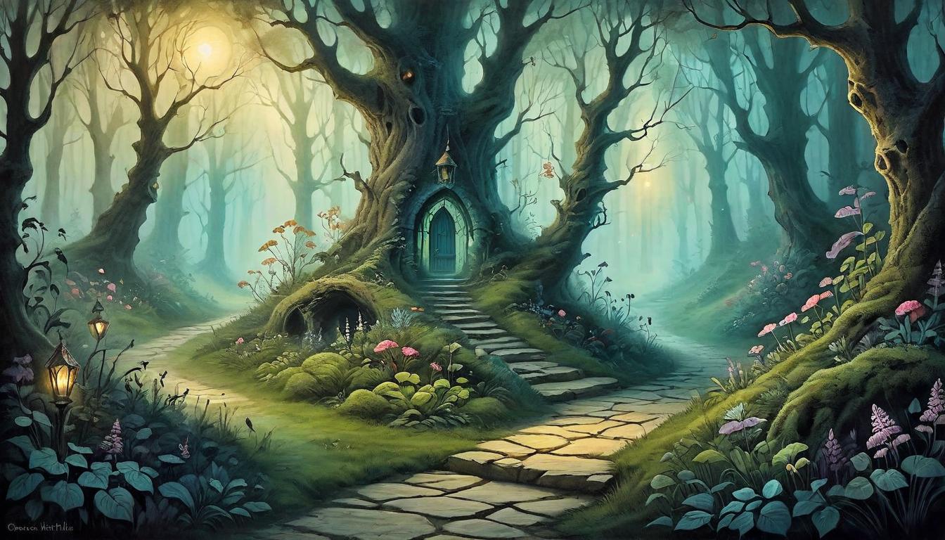  on parchment, surrealism+++, An enchanted forest pathway, edges glowing with a soft, bewitching light, inviting yet misleading, contrast of allure and genuineness, serenity amidst deception(mysterious, provocative, symbolic,muted color)+++