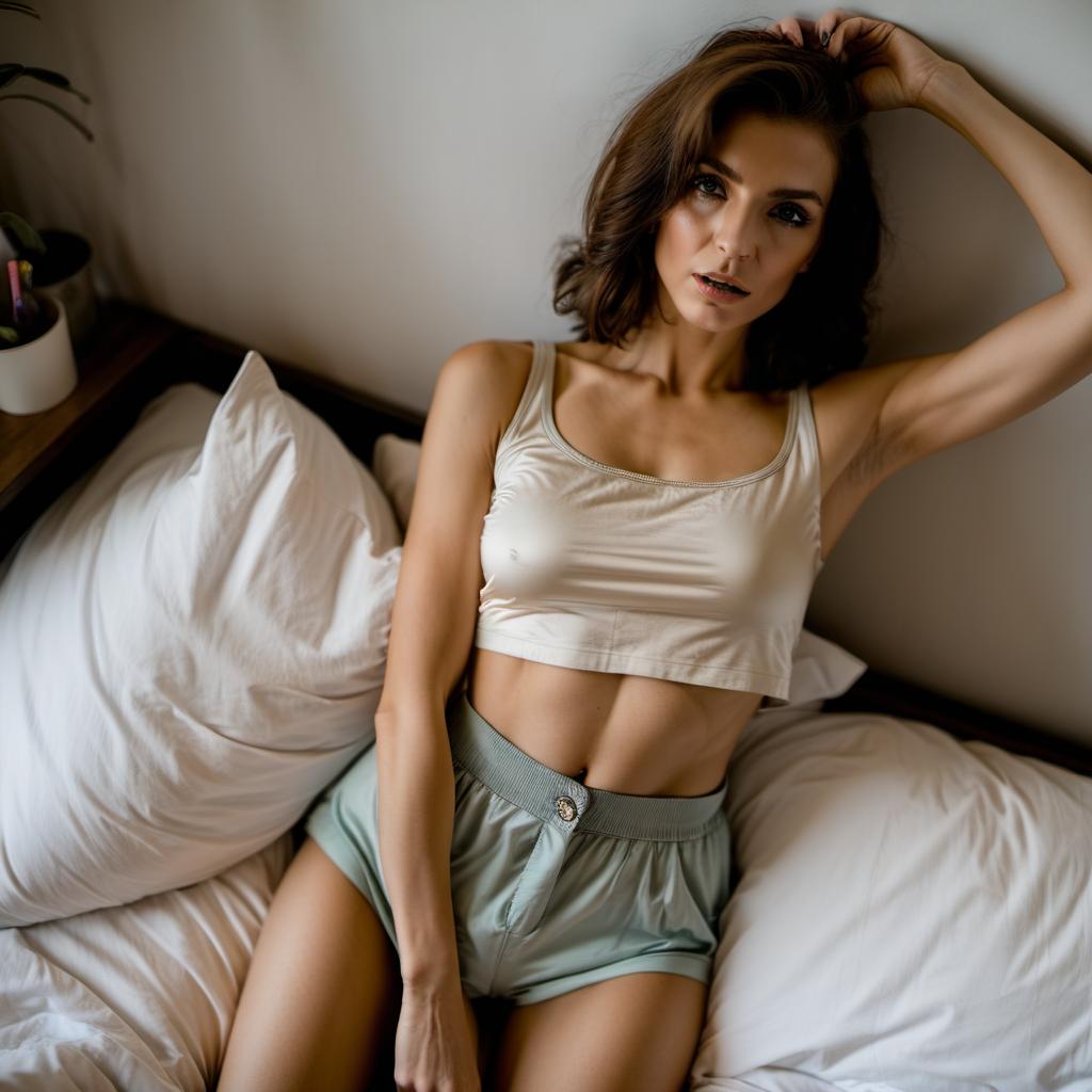  Woman in crop top and short lying in bed