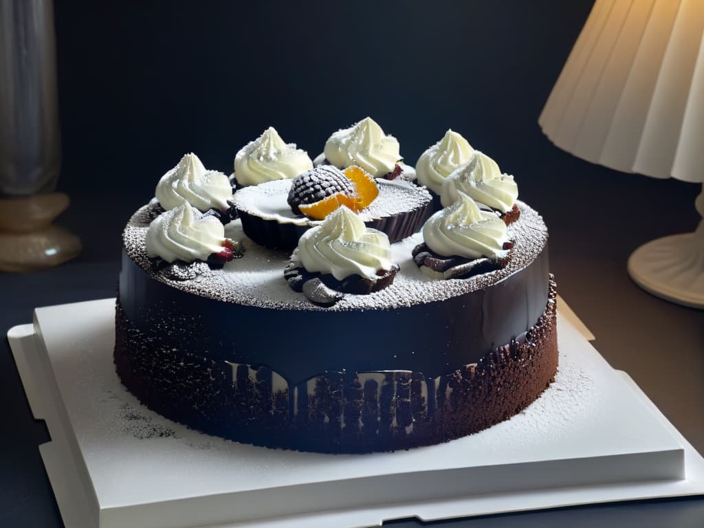  A highresolution, ultradetailed image of a classic black and white movie scene where a decadent dessert is the focal point. The scene features a beautifully set dining table with an elaborate cake as the centerpiece, surrounded by elegant tableware and vintage champagne glasses. The lighting is dramatic, casting shadows that add depth to the image, and the intricate details of the cake's decoration are highlighted, showcasing the artistry of dessert presentation in classic cinema. hyperrealistic, full body, detailed clothing, highly detailed, cinematic lighting, stunningly beautiful, intricate, sharp focus, f/1. 8, 85mm, (centered image composition), (professionally color graded), ((bright soft diffused light)), volumetric fog, trending on instagram, trending on tumblr, HDR 4K, 8K