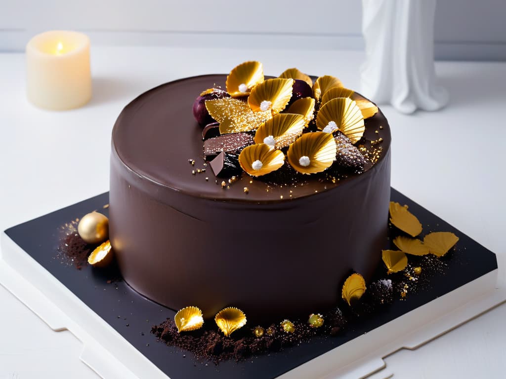  A closeup, ultradetailed image of a perfectly symmetrical, glossy chocolate ganache cake adorned with delicate edible gold leaf flakes on top. The cake sits on a sleek, matte black plate, against a stark white backdrop, emphasizing the richness and elegance of the dessert. The lighting is soft, casting just the right amount of shadow to enhance the textures and layers of the cake, creating a visually striking and minimalist composition. hyperrealistic, full body, detailed clothing, highly detailed, cinematic lighting, stunningly beautiful, intricate, sharp focus, f/1. 8, 85mm, (centered image composition), (professionally color graded), ((bright soft diffused light)), volumetric fog, trending on instagram, trending on tumblr, HDR 4K, 8K