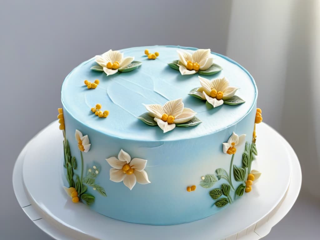  A closeup, ultradetailed image of a delicate, intricately piped floral design on a gourmet cake, showcasing the meticulous craftsmanship and artistry involved in advanced pastry decoration techniques. The image features a minimalist color palette of soft pastel hues, with each petal and leaf expertly defined, capturing the elegance and sophistication of gourmet pastry artistry. hyperrealistic, full body, detailed clothing, highly detailed, cinematic lighting, stunningly beautiful, intricate, sharp focus, f/1. 8, 85mm, (centered image composition), (professionally color graded), ((bright soft diffused light)), volumetric fog, trending on instagram, trending on tumblr, HDR 4K, 8K