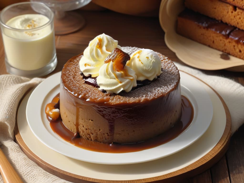  An ultradetailed closeup of a freshly baked Sticky Date Pudding, glistening with a rich toffee sauce cascading down its sides. The pudding is adorned with a dollop of creamy vanilla ice cream slowly melting over the warm dessert. The moist texture of the pudding is evident, with plump, juicy dates peeking out, promising a delectable bite. The background showcases a rustic wooden table, adding a cozy and inviting feel to the scene. The lighting is soft yet highlights the dessert's caramelized edges, inviting the viewer to indulge in this decadent treat. hyperrealistic, full body, detailed clothing, highly detailed, cinematic lighting, stunningly beautiful, intricate, sharp focus, f/1. 8, 85mm, (centered image composition), (professionally color graded), ((bright soft diffused light)), volumetric fog, trending on instagram, trending on tumblr, HDR 4K, 8K