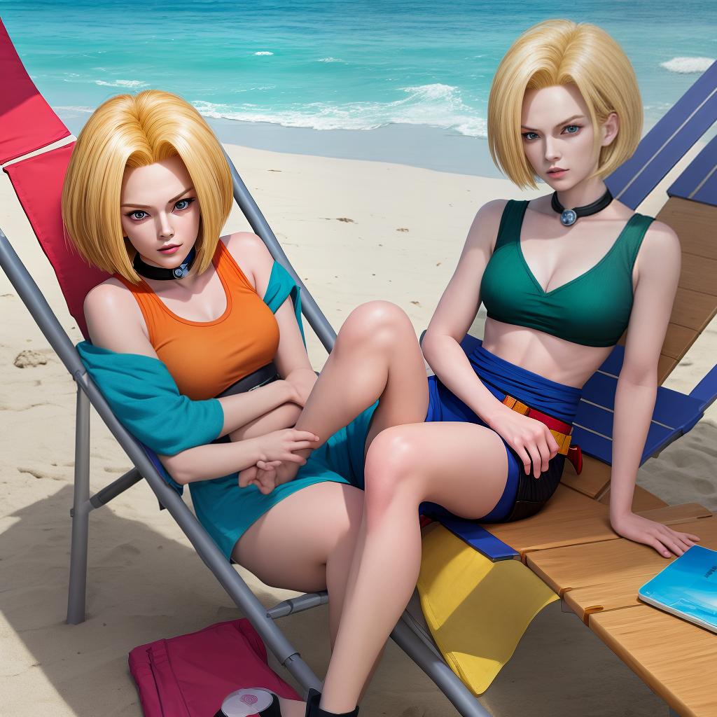  masterpiece, best quality, Dragon Ball android 18, by the sea, lying on a beach chair