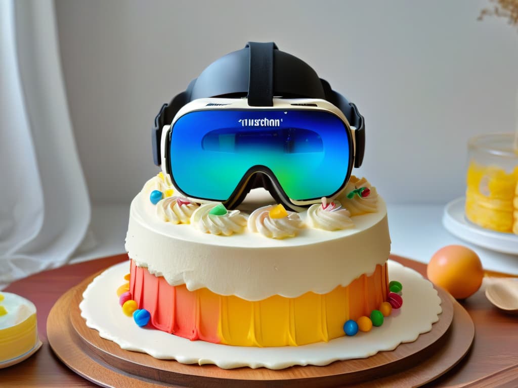  An ultradetailed 8k image of a virtual reality headset surrounded by swirling colorful cake batter, with digital icons representing different baking tools and ingredients floating around it. The headset is glowing softly, casting a warm light on the batter, creating a futuristic and artistic representation of the fusion between technology and creative baking. hyperrealistic, full body, detailed clothing, highly detailed, cinematic lighting, stunningly beautiful, intricate, sharp focus, f/1. 8, 85mm, (centered image composition), (professionally color graded), ((bright soft diffused light)), volumetric fog, trending on instagram, trending on tumblr, HDR 4K, 8K