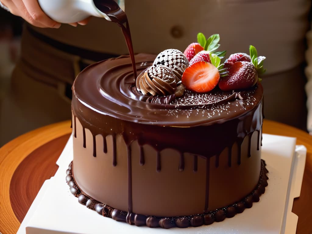  A visually stunning closeup image of a glossy, perfectly smooth chocolate ganache being poured over a decadent, multilayered cake. The ganache reflects the ambient light, showcasing its rich, deep brown color against the velvety texture of the cake layers. Tiny droplets of ganache are frozen in midair, capturing the moment of pouring in exquisite detail. The layers of the cake are visible, each showcasing a different color and texture, from moist sponge to creamy filling, creating a mouthwatering visual symphony of textures and flavors. hyperrealistic, full body, detailed clothing, highly detailed, cinematic lighting, stunningly beautiful, intricate, sharp focus, f/1. 8, 85mm, (centered image composition), (professionally color graded), ((bright soft diffused light)), volumetric fog, trending on instagram, trending on tumblr, HDR 4K, 8K