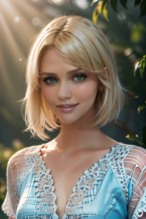  1girl,1girl,blonde short hair,straight hair,upper body shot,shirt,smile hyperrealistic, full body, detailed clothing, highly detailed, cinematic lighting, stunningly beautiful, intricate, sharp focus, f/1. 8, 85mm, (centered image composition), (professionally color graded), ((bright soft diffused light)), volumetric fog, trending on instagram, trending on tumblr, HDR 4K, 8K