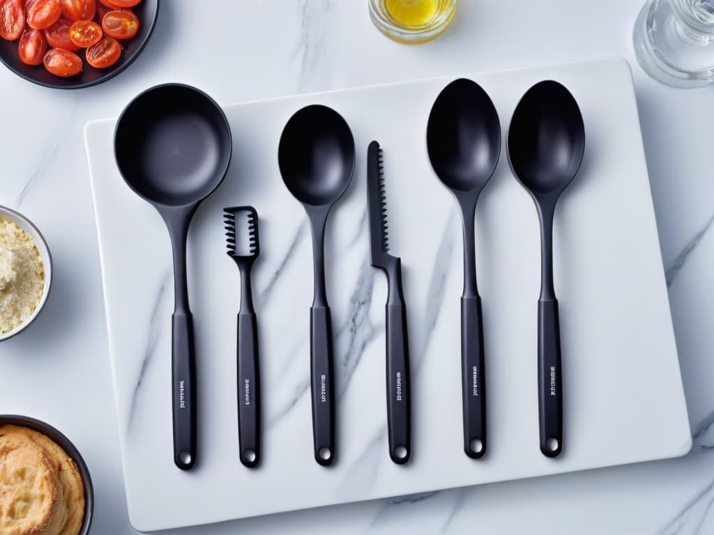  A highresolution, minimalist image of a sleek black baking utensil set arranged neatly on a marble countertop, with each tool featuring subtle engravings of iconic Friends quotes and symbols. The utensils are elegantly displayed, creating a visually appealing and sophisticated look that perfectly captures the fusion of the beloved TV show with the art of baking. hyperrealistic, full body, detailed clothing, highly detailed, cinematic lighting, stunningly beautiful, intricate, sharp focus, f/1. 8, 85mm, (centered image composition), (professionally color graded), ((bright soft diffused light)), volumetric fog, trending on instagram, trending on tumblr, HDR 4K, 8K