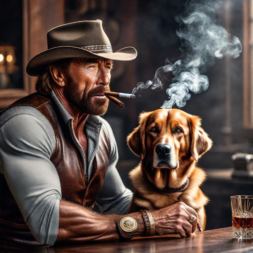  chuck norris with dog with knit hat smoking cigars hyperrealistic, full body, detailed clothing, highly detailed, cinematic lighting, stunningly beautiful, intricate, sharp focus, f/1. 8, 85mm, (centered image composition), (professionally color graded), ((bright soft diffused light)), volumetric fog, trending on instagram, trending on tumblr, HDR 4K, 8K