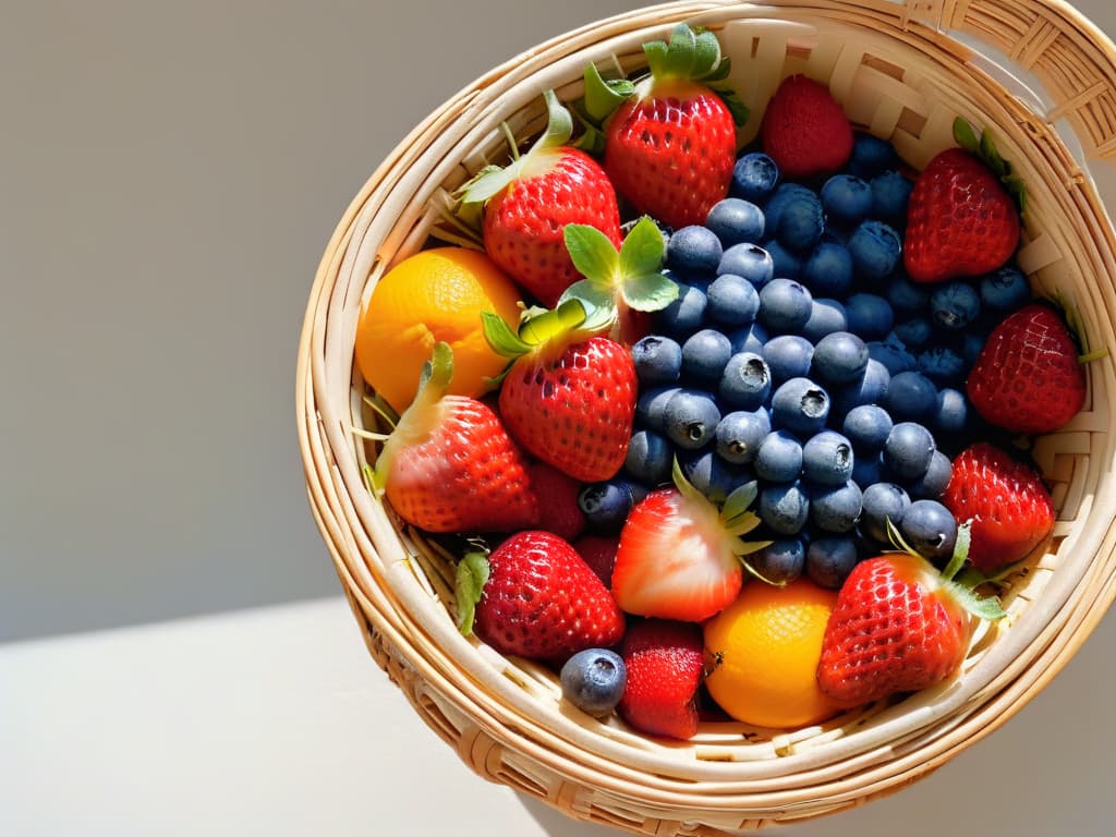  A closeup, ultrahighresolution image of a delicate, intricately woven basket filled with an array of colorful, fresh fruits like ripe strawberries, vibrant blueberries, and juicy oranges. The weave of the basket is so finely detailed that each individual strand is visible, showcasing the craftsmanship and natural textures. The fruits glisten under soft, natural light, highlighting their freshness and inviting qualities. The overall composition is a harmonious blend of colors, textures, and craftsmanship, evoking a sense of health, freshness, and natural beauty. hyperrealistic, full body, detailed clothing, highly detailed, cinematic lighting, stunningly beautiful, intricate, sharp focus, f/1. 8, 85mm, (centered image composition), (professionally color graded), ((bright soft diffused light)), volumetric fog, trending on instagram, trending on tumblr, HDR 4K, 8K