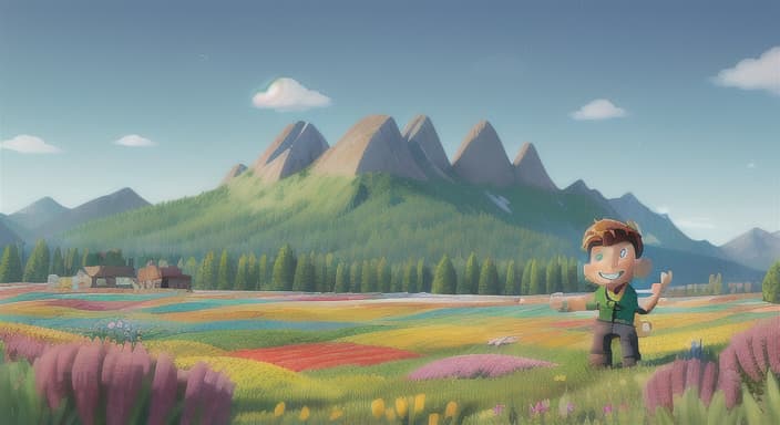  {Jake exploring a colorful meadow surrounded by tall mountains., Jake has a friendly smile and a little flag on top that flutters in the wind.