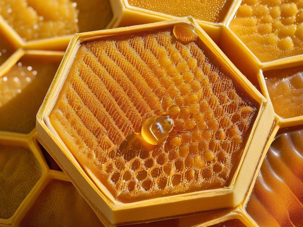  A closeup, ultradetailed image of a perfectly symmetrical honeycomb pattern made out of golden, glistening vegan honey alternative, with tiny droplets of the sweet liquid delicately clinging to the edges of each cell. The lighting is soft and natural, showcasing the intricate details of the hexagonal structure, while the background fades into a subtle blur, emphasizing the mesmerizing beauty of the sustainable and crueltyfree sweetener. hyperrealistic, full body, detailed clothing, highly detailed, cinematic lighting, stunningly beautiful, intricate, sharp focus, f/1. 8, 85mm, (centered image composition), (professionally color graded), ((bright soft diffused light)), volumetric fog, trending on instagram, trending on tumblr, HDR 4K, 8K