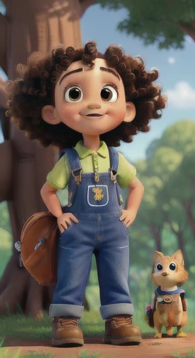  {Riley looking up at the tree with a big smile, animals surrounding them., Riley, a curious with big brown eyes and curly hair, wearing overalls and carrying a small backpack. Their friend, Skye, a bluebird with shiny feathers.