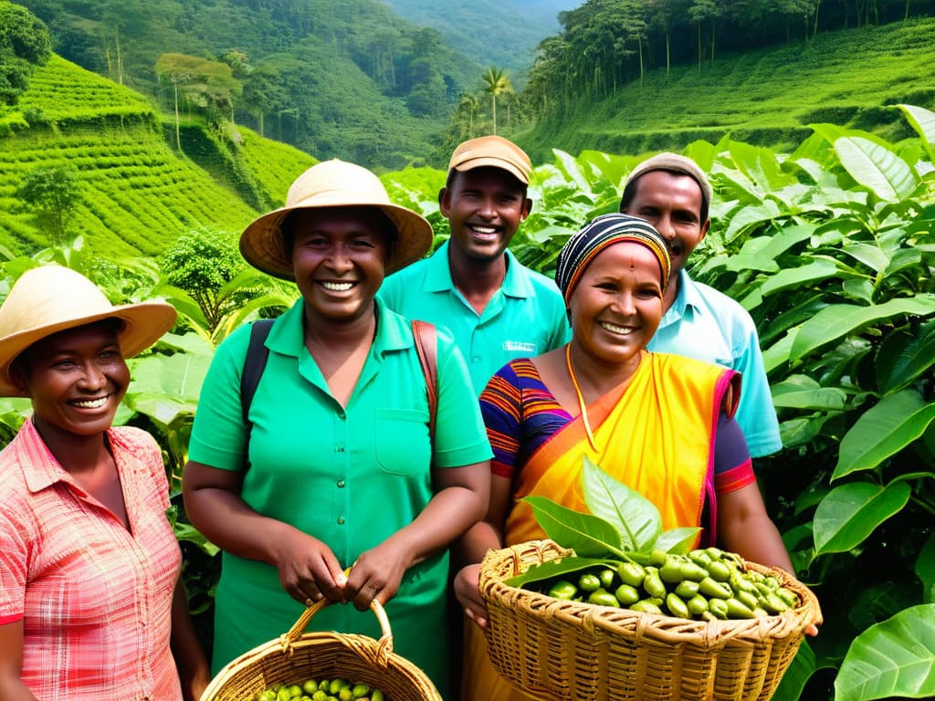  An ultradetailed image of a group of smiling farmers from diverse backgrounds, standing in a lush, sunlit fair trade coffee plantation. Each farmer is holding a basket filled with ripe coffee beans, their faces radiating pride and happiness. The vibrant green leaves of the coffee plants contrast beautifully with the colorful traditional clothing worn by the farmers, representing a harmonious blend of cultures and sustainable farming practices. The image captures the essence of community, hard work, and the beauty of fair trade partnerships. hyperrealistic, full body, detailed clothing, highly detailed, cinematic lighting, stunningly beautiful, intricate, sharp focus, f/1. 8, 85mm, (centered image composition), (professionally color graded), ((bright soft diffused light)), volumetric fog, trending on instagram, trending on tumblr, HDR 4K, 8K