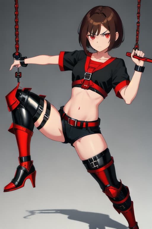  Beautiful girl, brown hair, short hair, red eyes, angry, limb restraint, restrained, hot pants, shackles, shackles raised, the whole body