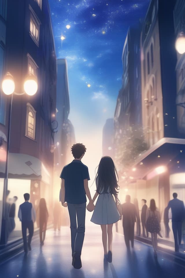  The background is in the city, the sky is a starry sky, two men and women, holding hands, smiling, walking around the city, women are long hair, men are a little taller.