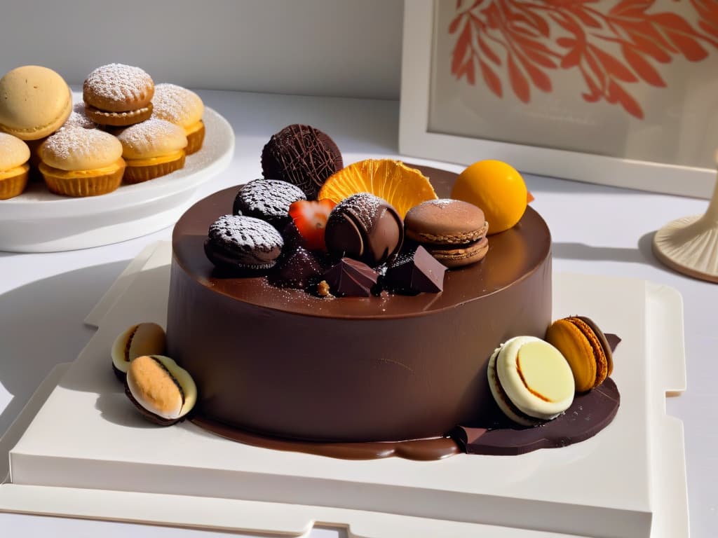  A closeup, ultradetailed image of a sleek, modern dessert platter with an array of monochromatic desserts in varying shades of rich chocolate. The desserts are elegantly arranged with meticulous attention to detail, showcasing a glossy chocolate cake, velvety mousse, delicate truffles, and shimmering macarons, all perfectly aligned on a pristine white plate. The play of light and shadow highlights the textures and tones of each dessert, creating a visually striking and sophisticated presentation that exudes luxury and refinement. hyperrealistic, full body, detailed clothing, highly detailed, cinematic lighting, stunningly beautiful, intricate, sharp focus, f/1. 8, 85mm, (centered image composition), (professionally color graded), ((bright soft diffused light)), volumetric fog, trending on instagram, trending on tumblr, HDR 4K, 8K