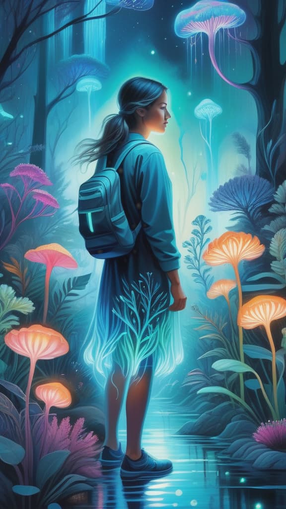  Ultra detailed illustration of a person lost in a magical world of wonders, glowy, bioluminescent flora, incredibly detailed, pastel colors, handpainted strokes, visible strokes, oil paint, art by Mschiffer, night, bioluminescence