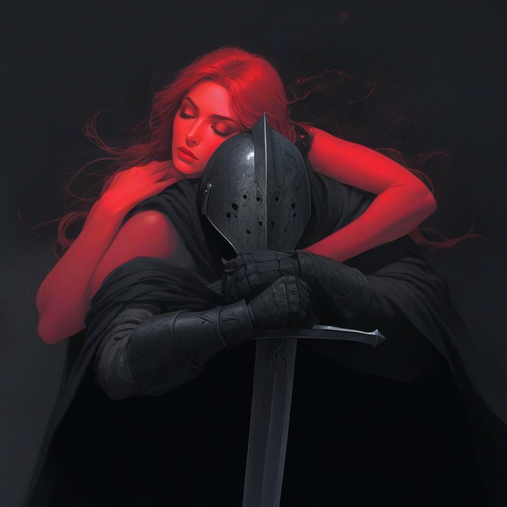  Create an image in a fantasy style featuring the following scene: 1. Central figures: A soldier in dark armor with a closed helmet. Behind the soldier, a thin, long haired woman with glowing red hair gently embraces him. 2. Details of the soldier: Dark, heavy armor with visible signs of battle and damage. The soldier holds a large sword, leaning on it as if resting or thoughtful. A black cloak or cape covers the soldier, adding drama and mystery. 3. Details of the woman: The woman emits a soft red light, her skin and hair look ethereal, almost ghostly. Her eyes are closed, and her expression is serene and tranquil. 4. Background and setting: Dark, mysterious background, possibly inside an ancient  hyperrealistic, full body, detailed clothing, highly detailed, cinematic lighting, stunningly beautiful, intricate, sharp focus, f/1. 8, 85mm, (centered image composition), (professionally color graded), ((bright soft diffused light)), volumetric fog, trending on instagram, trending on tumblr, HDR 4K, 8K