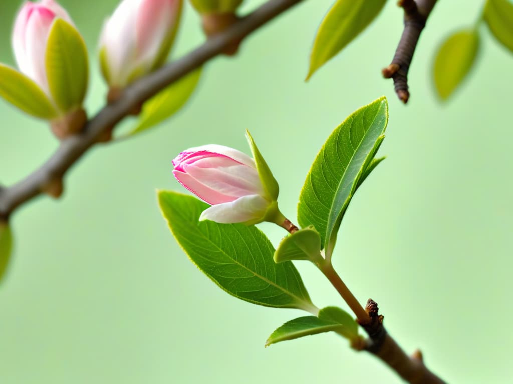  An intricate closeup image of a delicate almond flower bud unfurling its petals, showcasing the intricate details of the pale pink and white petals against a softfocus background of lush green almond tree leaves. hyperrealistic, full body, detailed clothing, highly detailed, cinematic lighting, stunningly beautiful, intricate, sharp focus, f/1. 8, 85mm, (centered image composition), (professionally color graded), ((bright soft diffused light)), volumetric fog, trending on instagram, trending on tumblr, HDR 4K, 8K