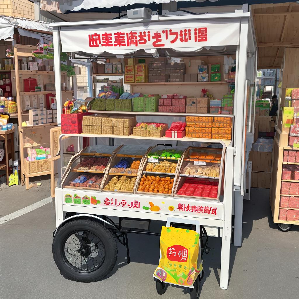  A mobile stall called "Mijia Grocery Store" sells small toys and gifts. The style should be realistic and look like photos from real life.